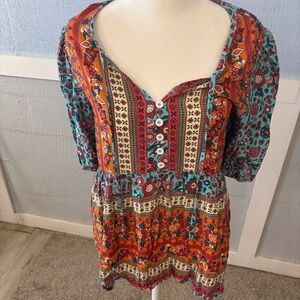 SHEIN Multicolor Boho Blouse Hippie Peasant Top SZ M, Button Drawstring Retro